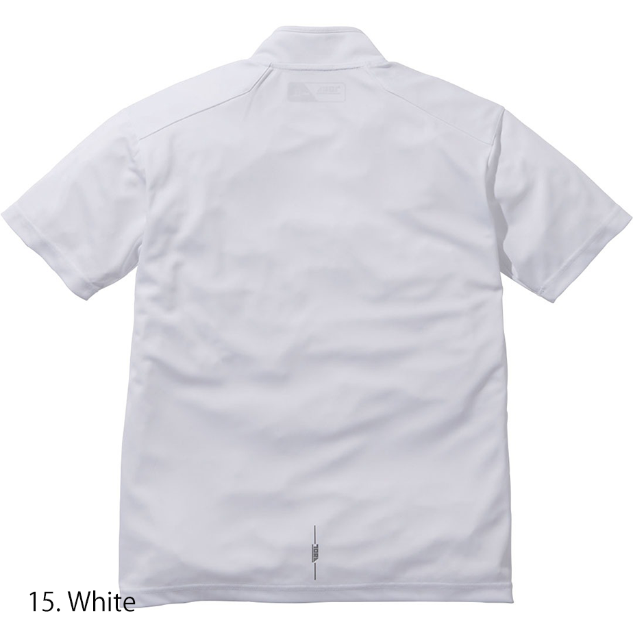 Back view of the Toraichi Japanese workwear short-sleeve zip shirt showing ergonomic seam placement and durable construction.
