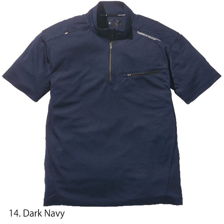 Navy version of the Toraichi Japanese workwear short-sleeve shirt highlighting clean seams and quick-dry polyester fabric.