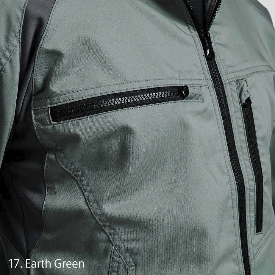 model adjusting collar of the Japanese tobi workwear jacket for a functional and stylish look