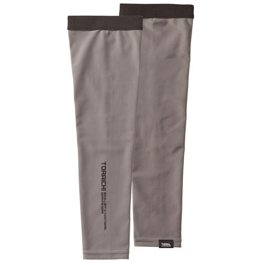 The Toraichi Japanese workwear 5982-947 arm covers in grey showing a lightweight stretch design with anti-slip cuff and reflective logo print.