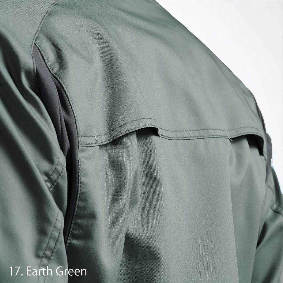 close-up of shoulder seam and contrast stitching for durability in Japanese tobi-style jacket
