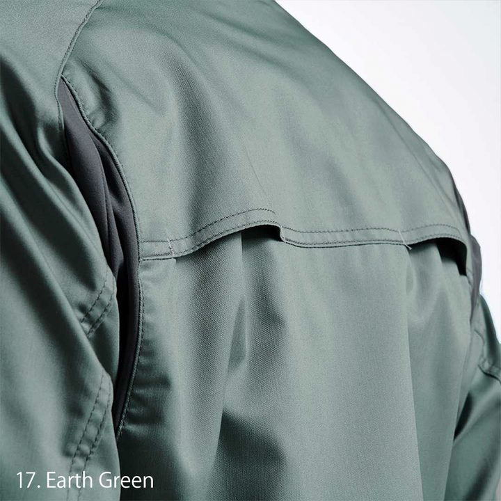 close-up of shoulder seam and contrast stitching for durability in Japanese tobi-style jacket