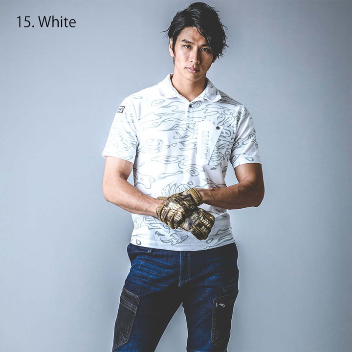 Close-up of the chest pocket with branded tag and pen slot detail on the Toraichi Japanese workwear polo shirt.