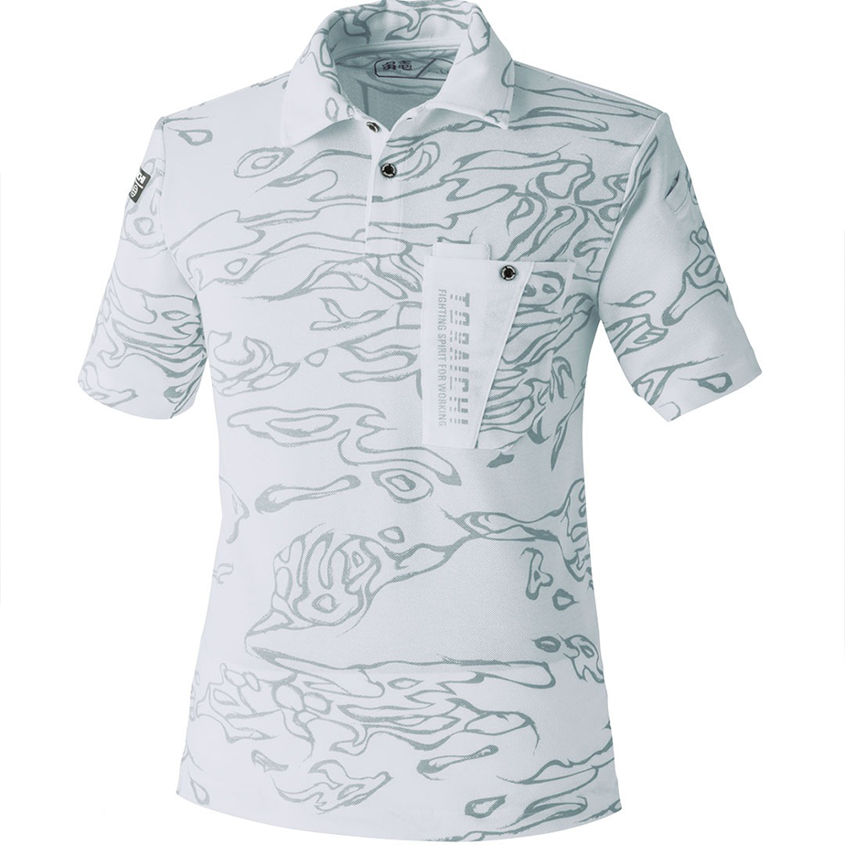 The Toraichi Japanese workwear 5986-621 camouflage short-sleeve polo shirt in white showing a modern camo pattern and functional chest pocket.