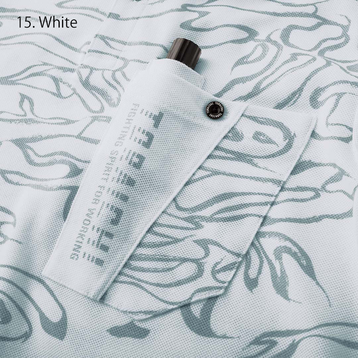 Model wearing the Toraichi camouflage short-sleeve polo shirt demonstrating relaxed fit and modern workwear styling.