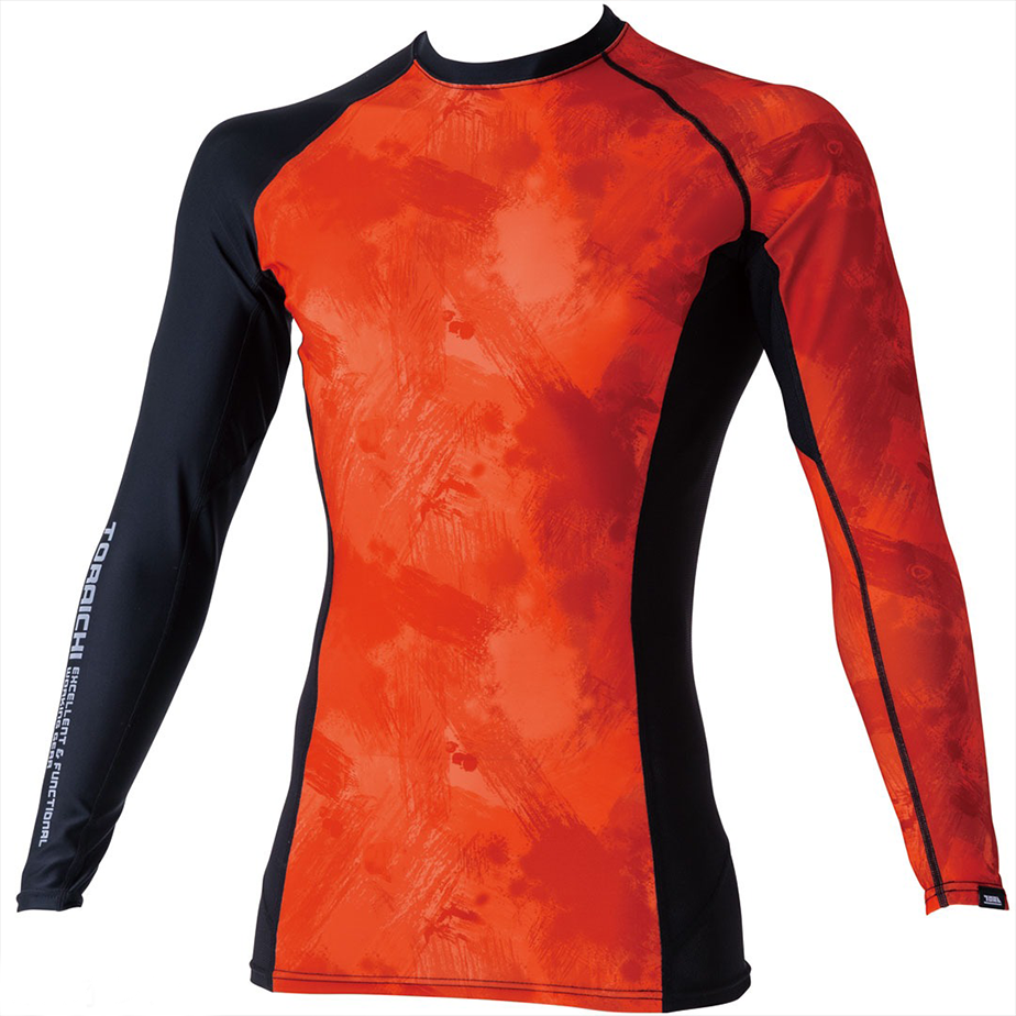 The Toraichi Japanese workwear 5987-617 long sleeve crew neck T-shirt in flame red and black showing a compression-style fit and contrast panel design.