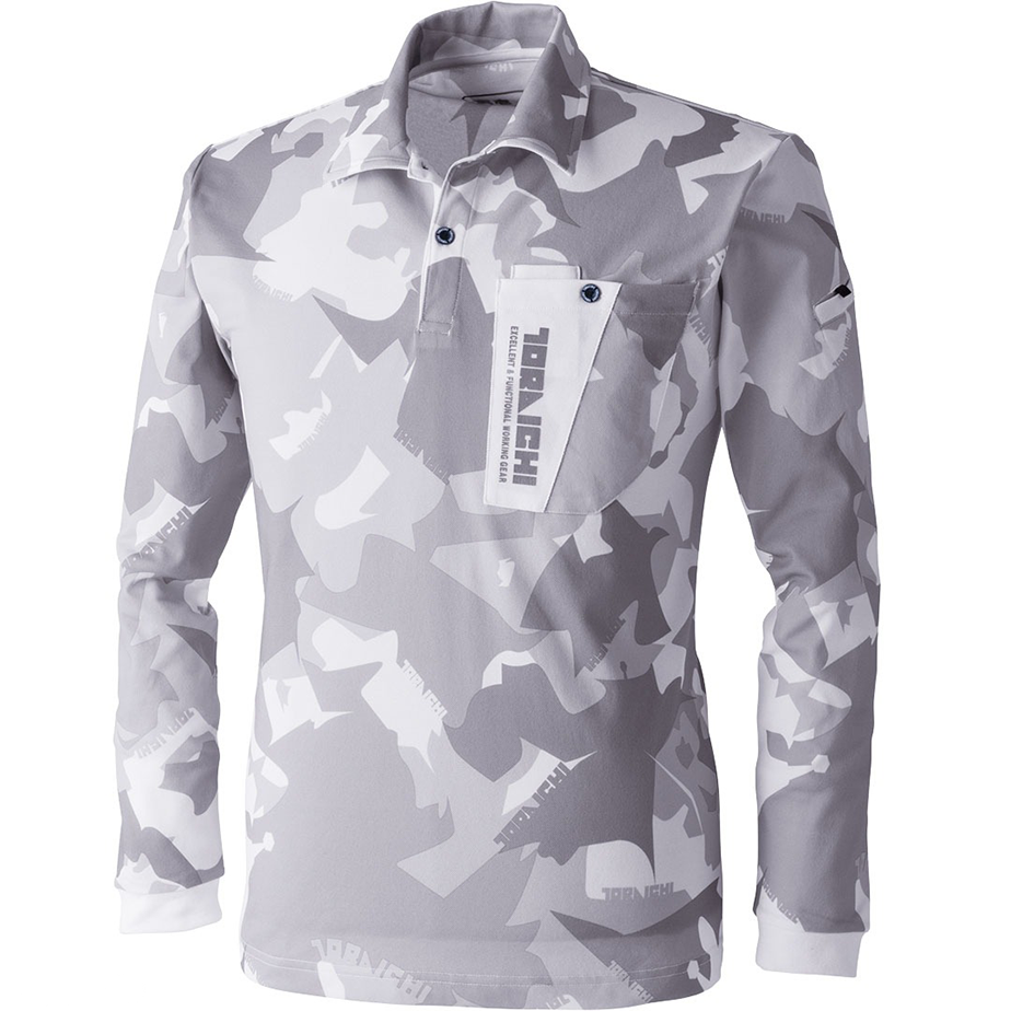 The Toraichi Japanese workwear 5992-614 camouflage long sleeve polo shirt in light grey showing a bold geometric camo pattern and structured collar design.