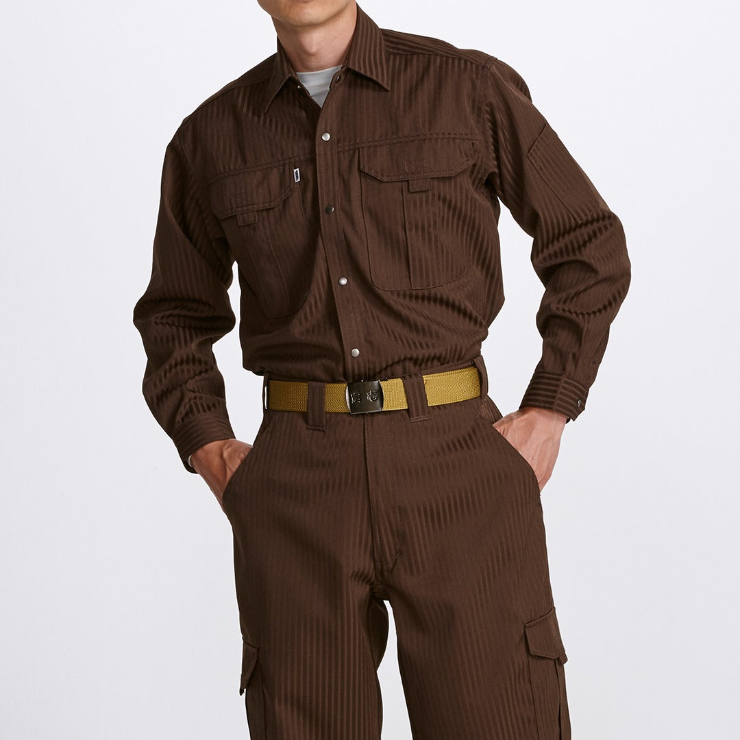 Front view of brown Toraichi tobi shirt made from polyester-cotton day-and-night weave with flap chest pockets