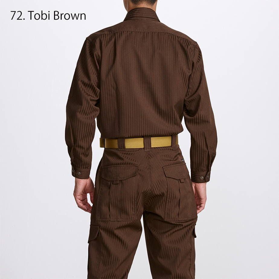 Side angle of brown Japanese workwear shirt showing structured shoulders and ergonomic sleeve cut