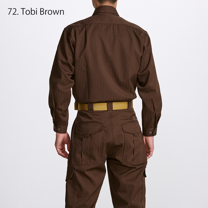 Side angle of brown Japanese workwear shirt showing structured shoulders and ergonomic sleeve cut