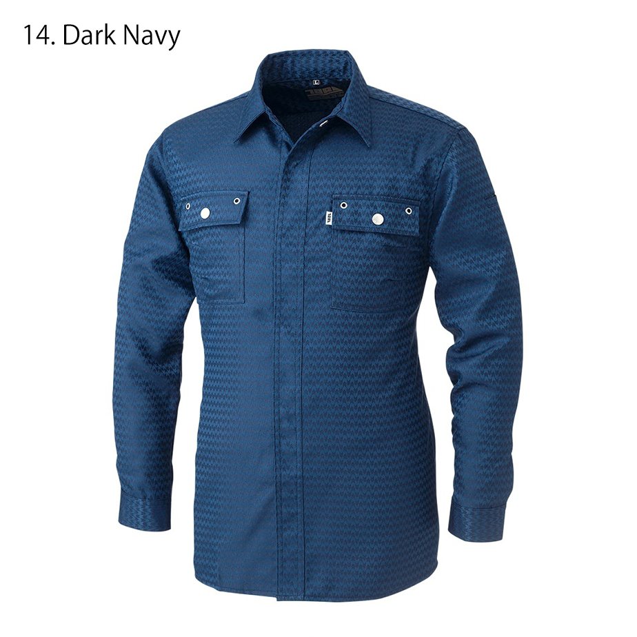 Close-up of left chest pocket with metal snap button and pen holder loop