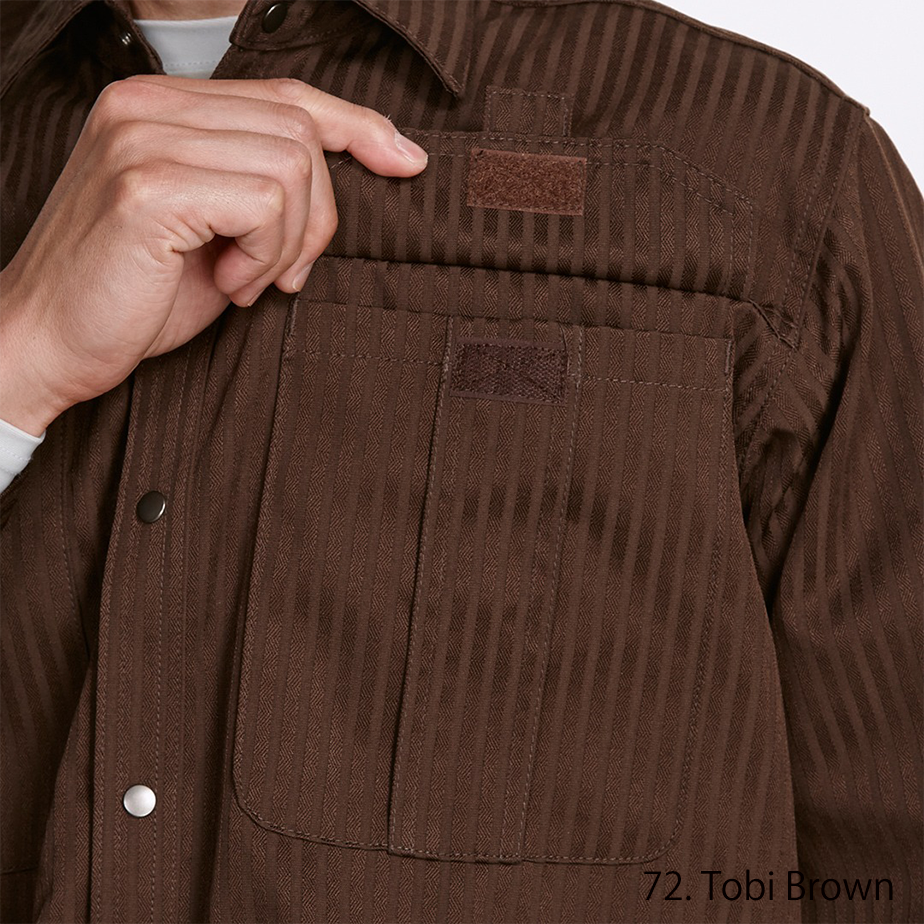Close-up of chest pocket flap with reinforced stitching and metal button detail