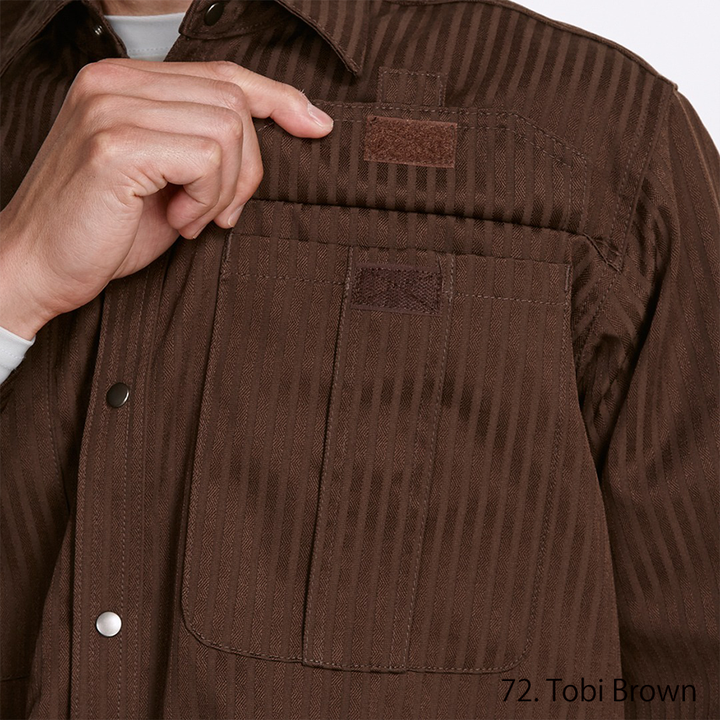 Close-up of chest pocket flap with reinforced stitching and metal button detail