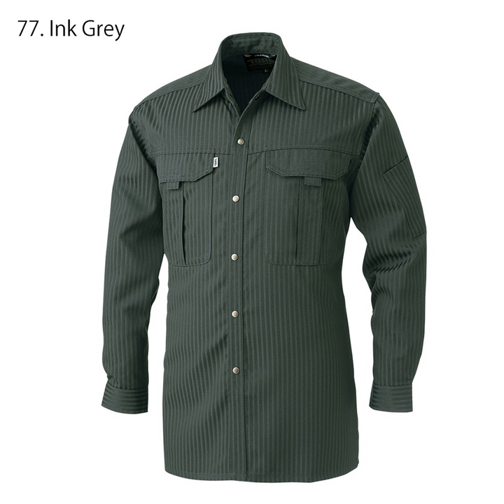 Front torso view showcasing brown pinstripe design and refined Japanese workwear silhouette