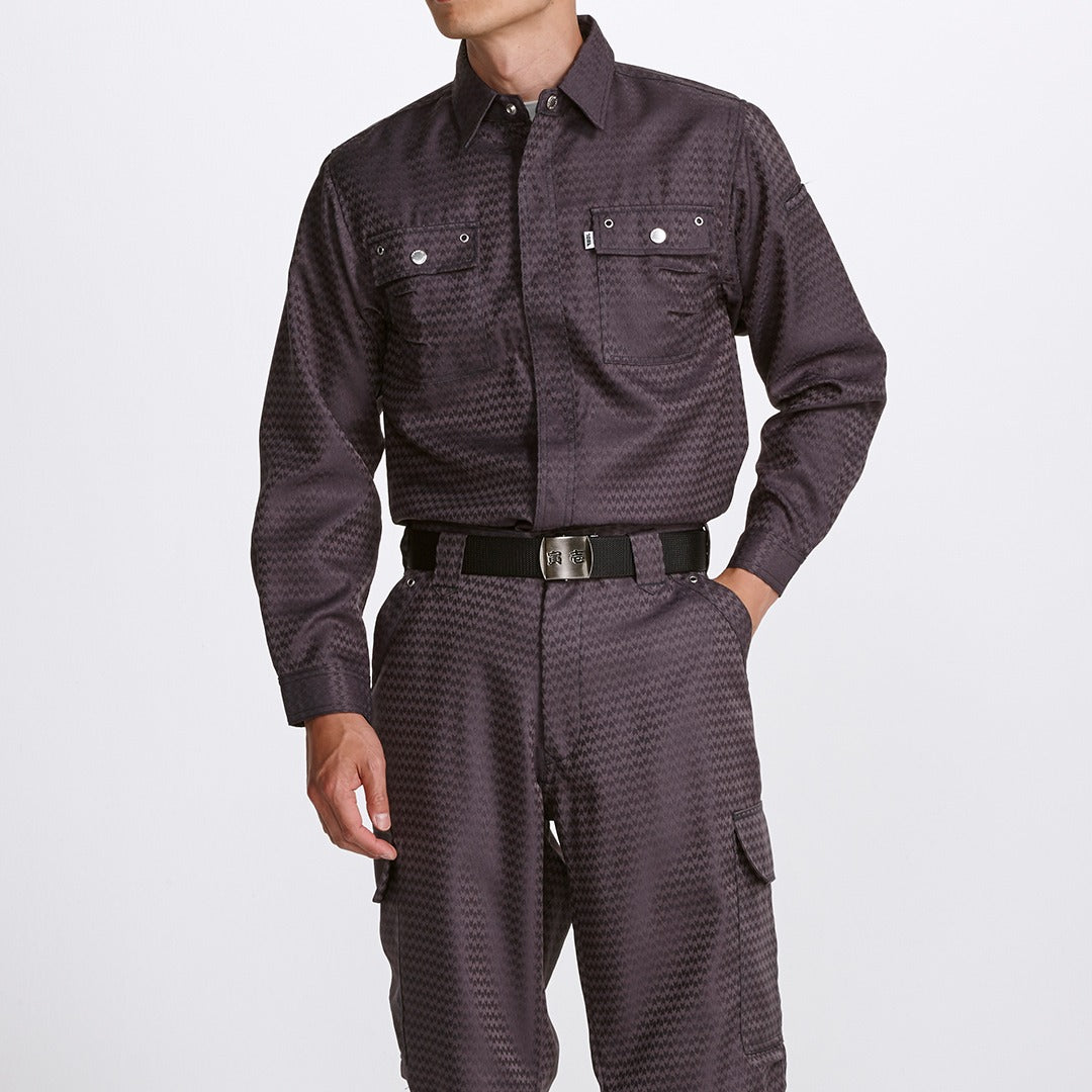 Front view of dark grey Toraichi tobi shirt showing full body and flap chest pockets