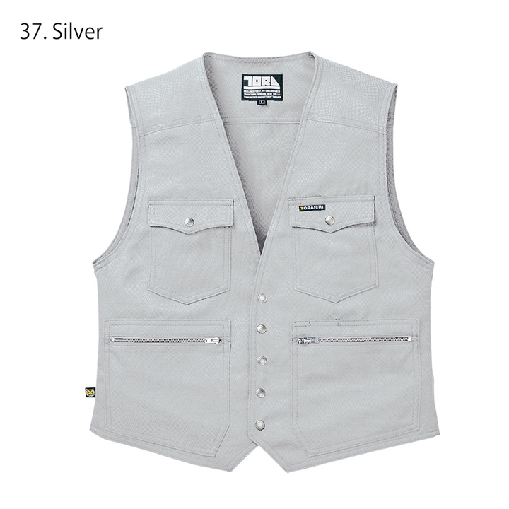 Model wearing Toraichi 7460-611 black tobi vest outdoors