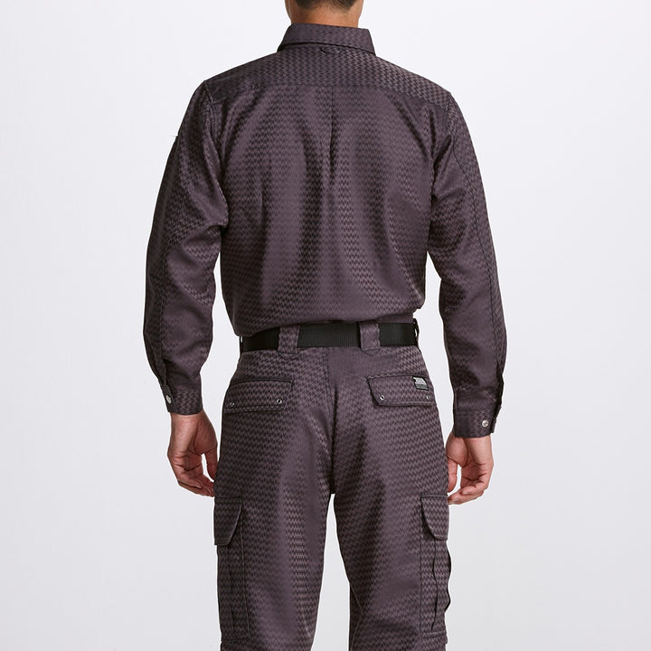 Side view of Japanese workwear shirt highlighting ergonomic sleeve line and structured tailoring
