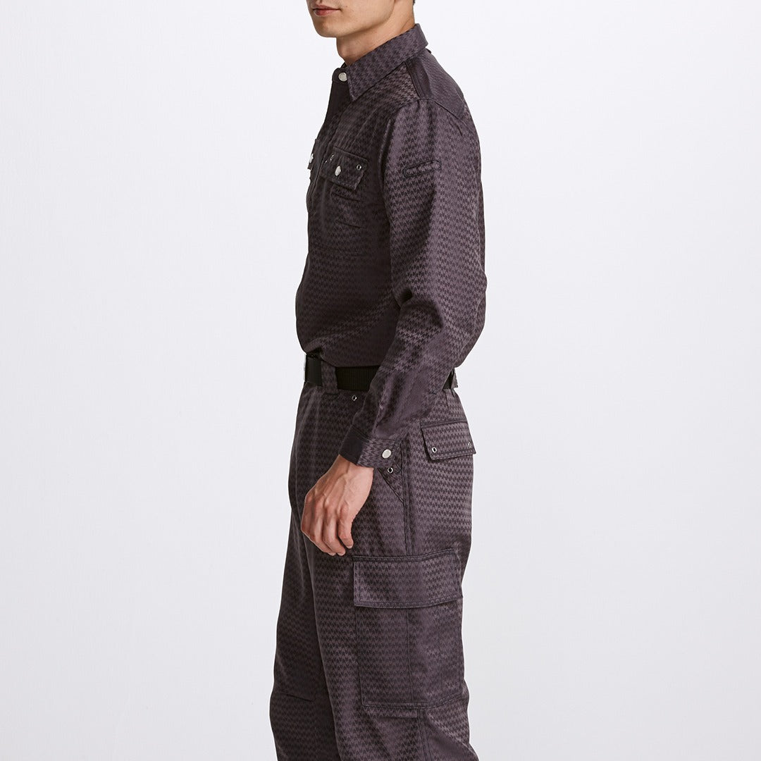 Back view of polyester herringbone tobi shirt emphasizing shoulder yoke and clean silhouette