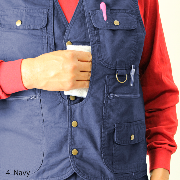 Model wearing Toraichi 1016-611 beige vest over red shirt and navy pants