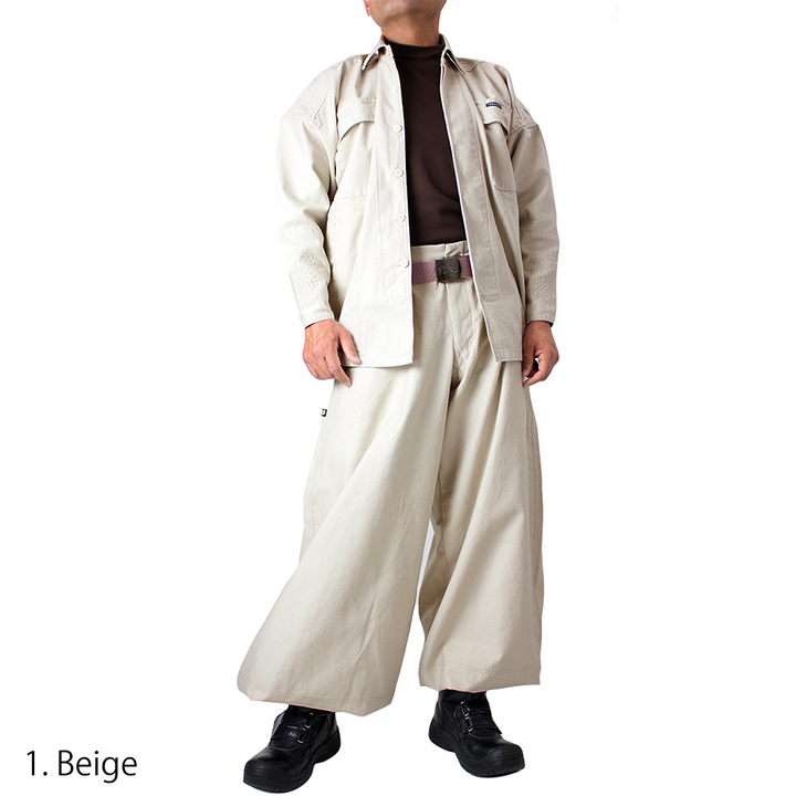 Side view of Toraichi tobi work shirt showing structured silhouette