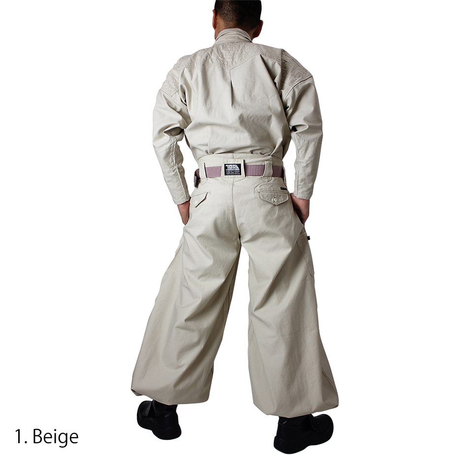 Back view of beige Japanese workwear tobi shirt with reinforced stitching