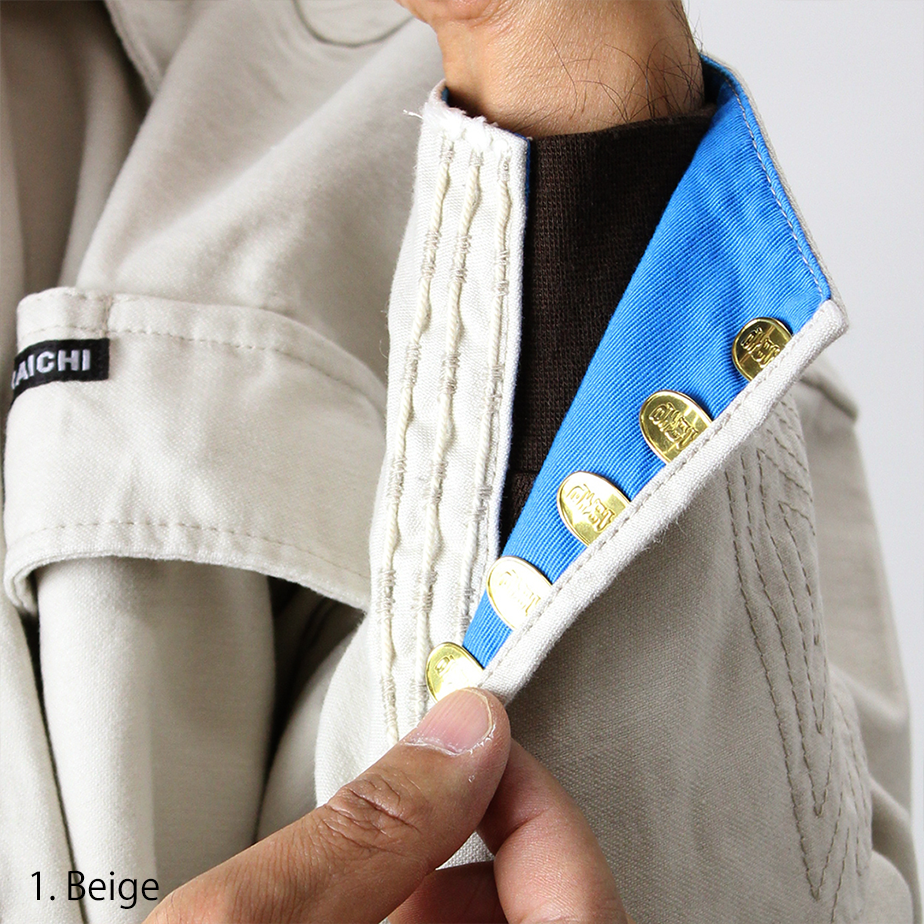 Close-up of front buttons and back-satin cotton texture on Toraichi shirt