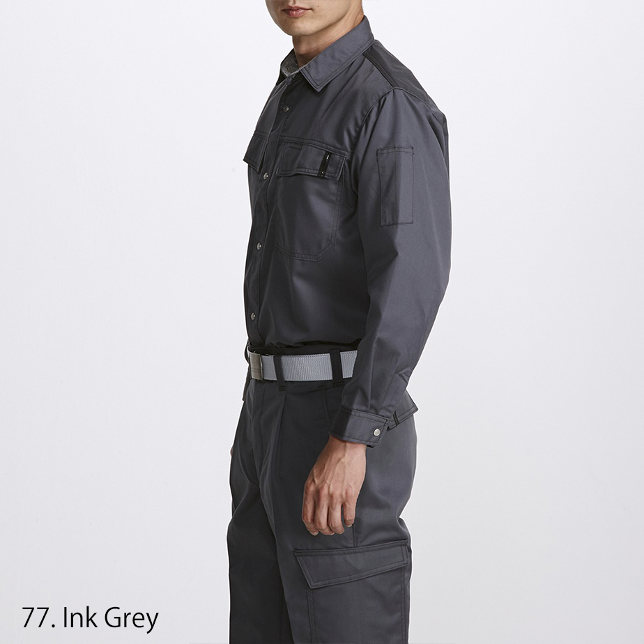 Side angle of Toraichi tobi shirt highlighting structured shoulder and sleeve pocket detail