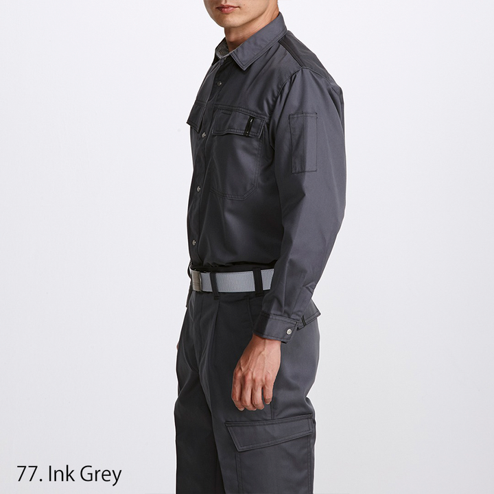 Side angle of Toraichi tobi shirt highlighting structured shoulder and sleeve pocket detail