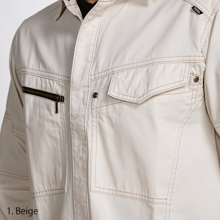 Close-up of chest zipper pocket on Toraichi 2180-125 cotton work shirt