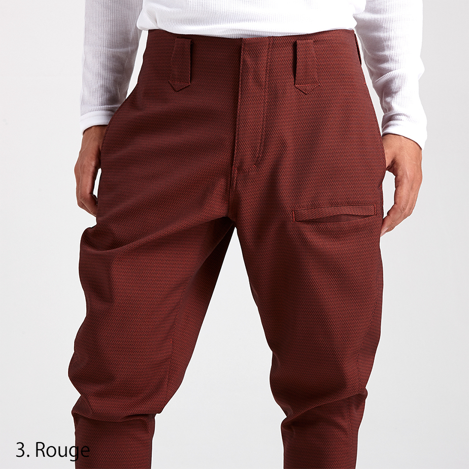 Model wearing the Toraichi Japanese workwear pants in rouge showcasing relaxed motion and structured balance.
