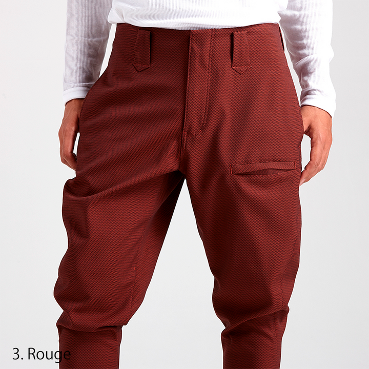 Model wearing the Toraichi Japanese workwear pants in rouge showcasing relaxed motion and structured balance.