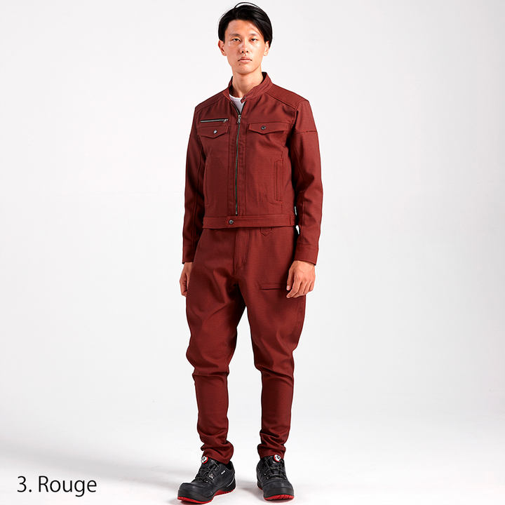 Macro image of the polyester fabric surface of the Toraichi 7760-720 trousers highlighting the textured weave.