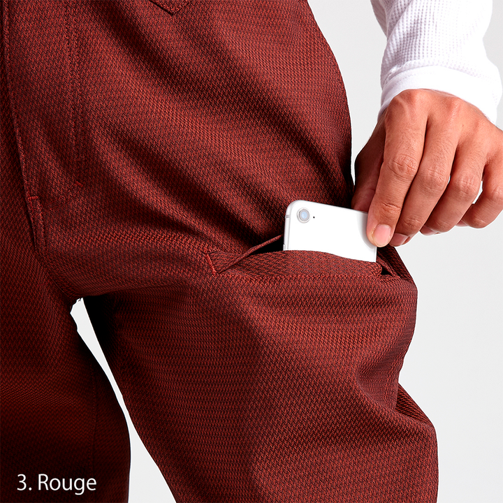 Model walking in the Toraichi Torastyle pants in rouge representing freedom of movement and modern Japanese design.