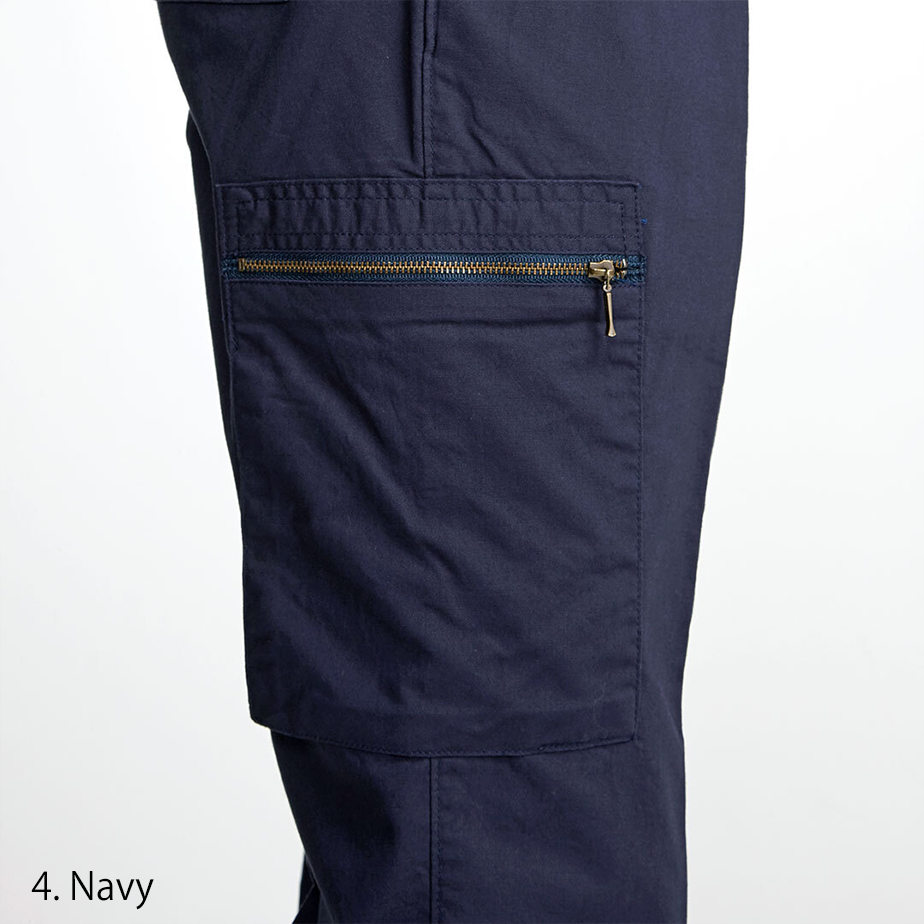Front view of the Toraichi Japanese workwear trousers emphasizing the signature two-tuck pleats and durable cotton fabric.