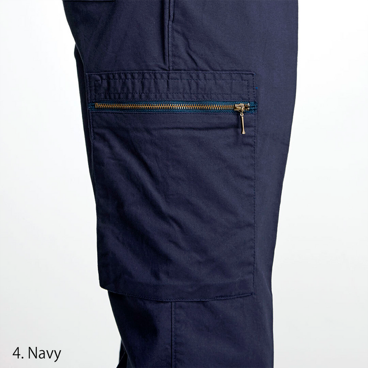 Front view of the Toraichi Japanese workwear trousers emphasizing the signature two-tuck pleats and durable cotton fabric.