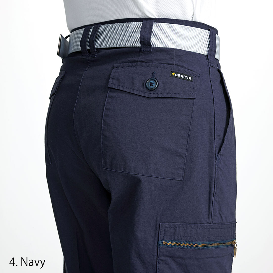 Close-up of the Toraichi workwear pants waistband showing secure belt loops and reinforced stitching for lasting use.