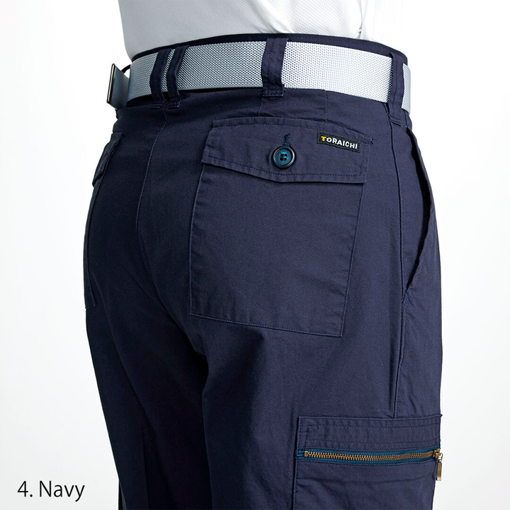 Close-up of the Toraichi workwear pants waistband showing secure belt loops and reinforced stitching for lasting use.