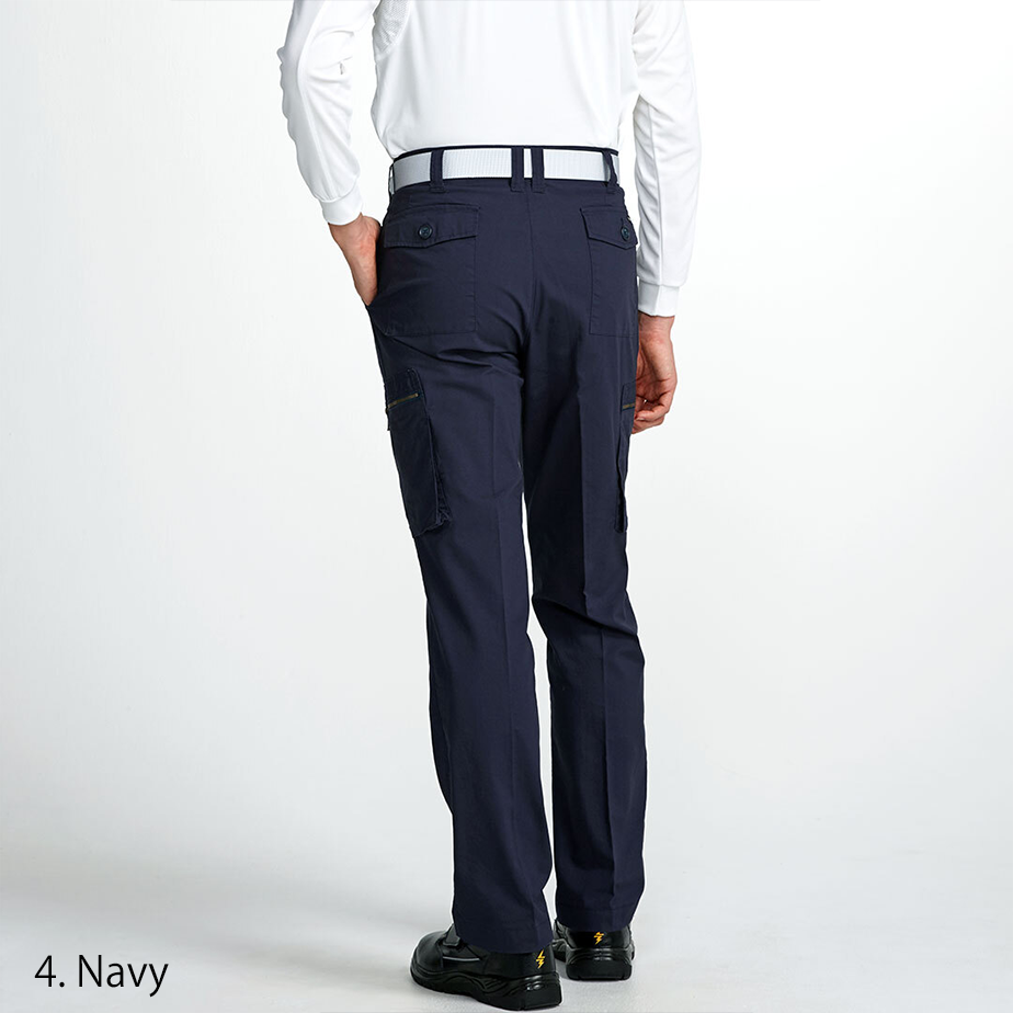 The Toraichi Japanese workwear two-tuck trousers in navy, showcasing a relaxed straight silhouette and structured waistband for professional movement.