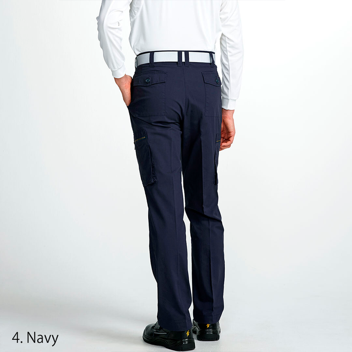 The Toraichi Japanese workwear two-tuck trousers in navy, showcasing a relaxed straight silhouette and structured waistband for professional movement.