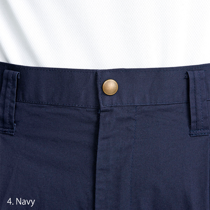 Side profile of the Toraichi two-tuck tobi workwear pants highlighting the clean line and ergonomic fit for balance and mobility.