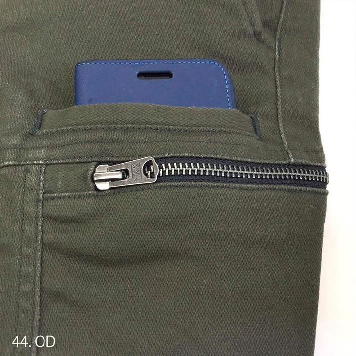 Rear pocket with secure zipper and double-stitched seam