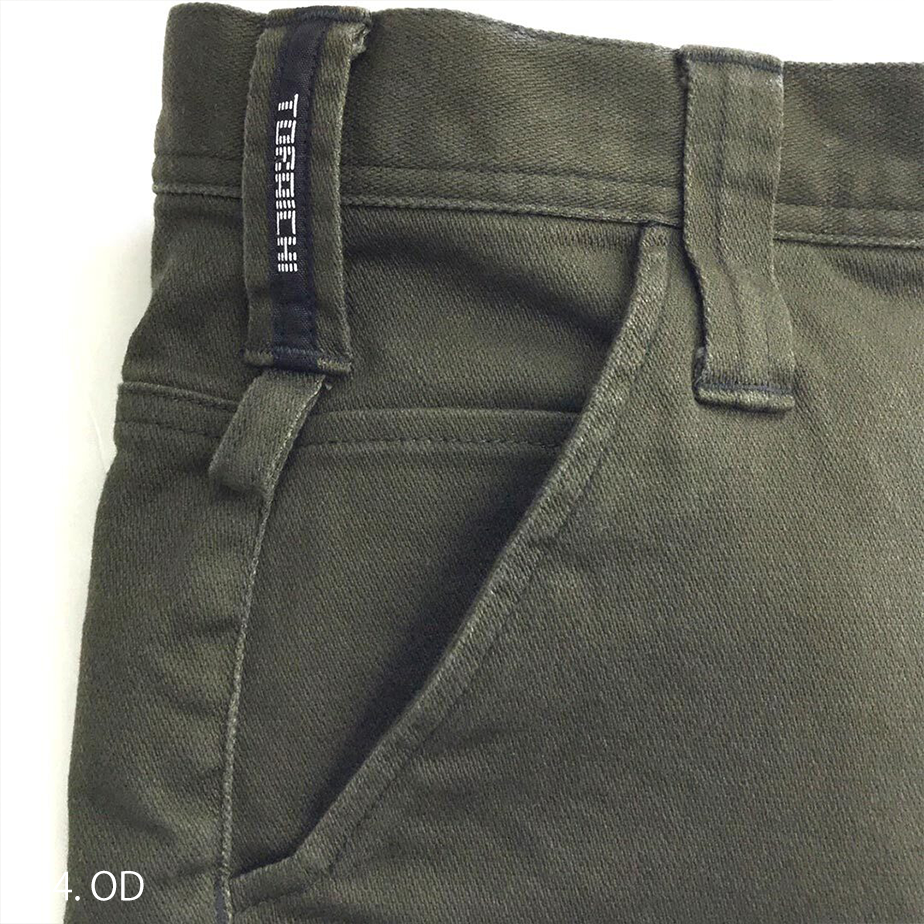 Close-up of YKK metal zipper pocket with reinforced stitching on thigh