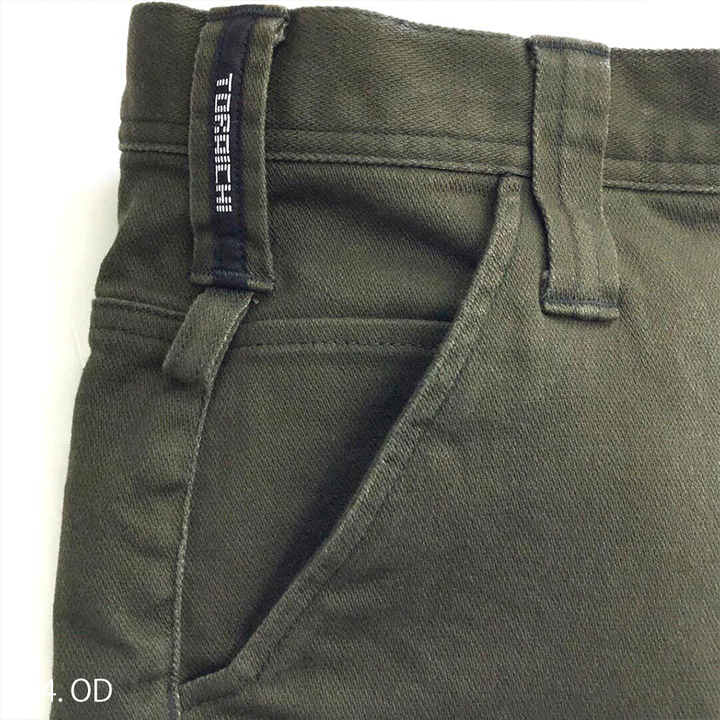 Close-up of YKK metal zipper pocket with reinforced stitching on thigh