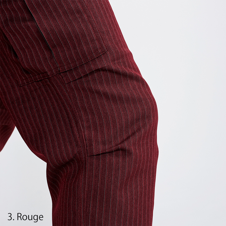 Toraichi tobi pants in rouge with fine pinstripe pattern