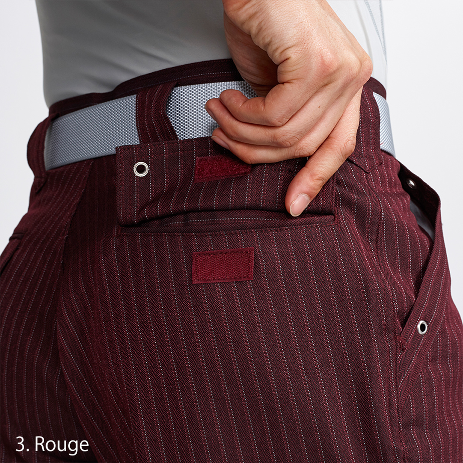 Close-up of waistband and belt loops on Toraichi rouge red tobi trousers
