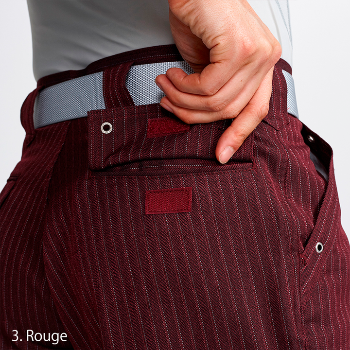 Close-up of waistband and belt loops on Toraichi rouge red tobi trousers