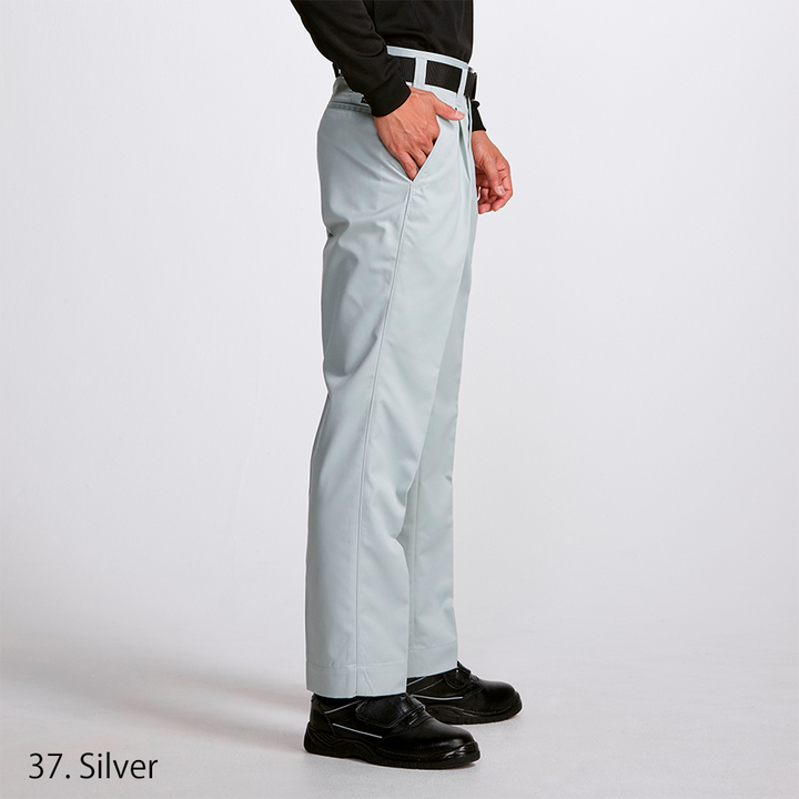 Rear view of Toraichi Japanese workwear pants (one-tuck slacks) in light grey with back pocket details