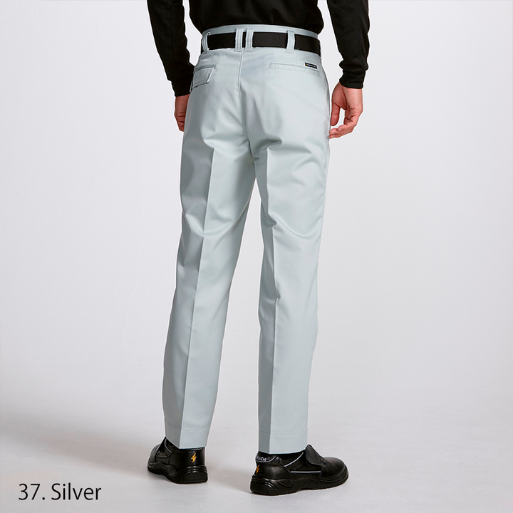 Side view of Toraichi one-tuck Japanese workwear pants in light grey, showing straight leg fit
