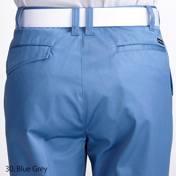 Modern Japanese workwear waistband and belt loops close-up on blue-grey two-tuck pants