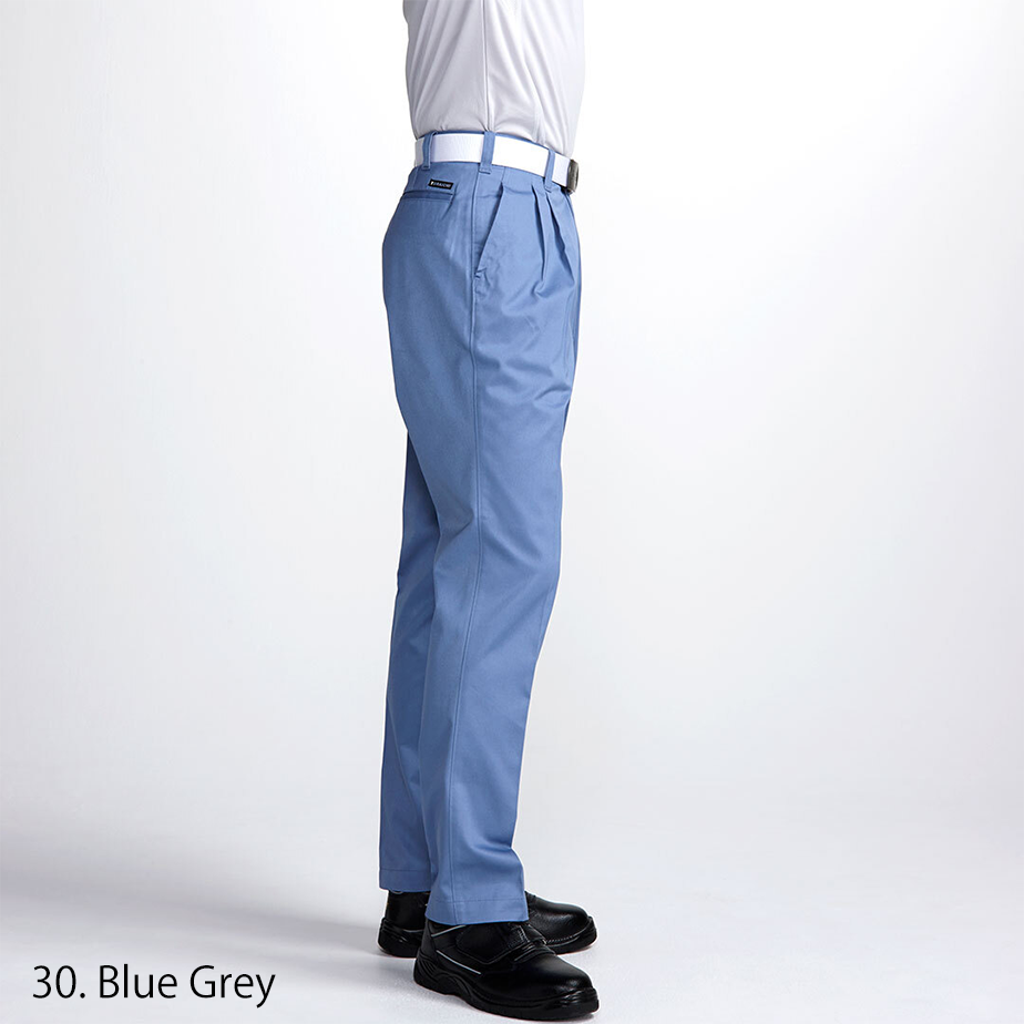 Modern Japanese workwear blue-grey two-tuck pants, back view